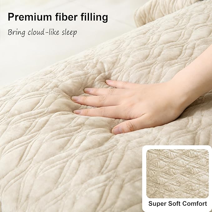 Velvet Quilt Set Full Queen Size 90x98 Bedspread Soft Bedding Set 3 Pieces Neutral Luxury Comforter with 2 Pillow Shams 20x26 All Season for Bedroom Home Decor,Beige