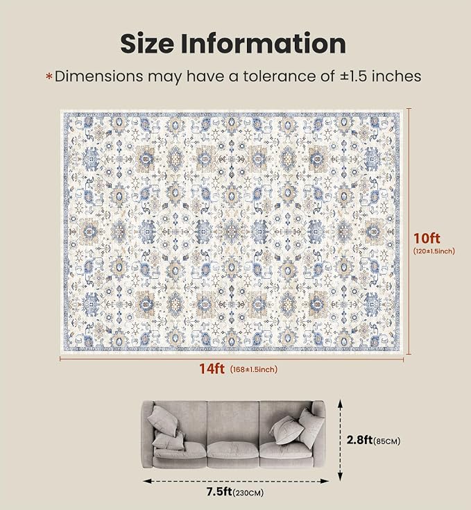AMADA HOMEFURNISHING 10x14 Washable Area Rug, Low-Profile Large Area Rug with Non-Slip Backing & Durable Edge Binding, Vintage Large Rugs for Living Room, Bedroom & Dining Room