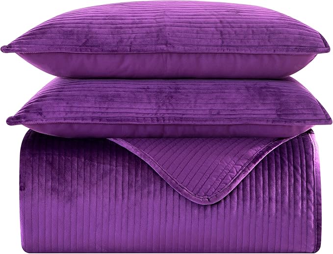 Elegant Comfort Luxury 3-Piece Velvet Corduroy Stripe Quilt Set, Ultra Soft Bedspread - Cozy Velvet Coverlet Set - 3PC Medium Weight Quilted Set with Matching Pillow Shams, Full, Purple