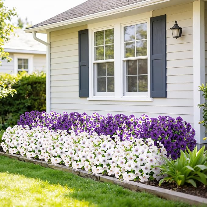 20 Bundles Artificial Petunias Flowers for Outdoors, Faux Silk Flowers UV Resistant Realistic Fake Plants for Outside Planters Porch Patio Yard Garden Spring Summer Home Decor, Purple White