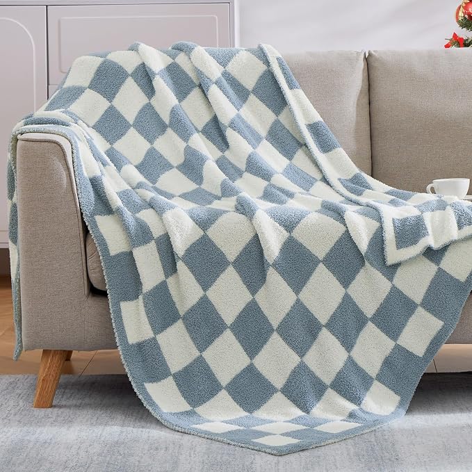 WRENSONGE Soft Checkered Throw Blanket for Couch-Cozy Warm Knitted Blankets | Lightweight Warm Fluffy Decor for Women, Mom, Her & Girls, Sofa, Chair, Bed, 50x70in, Grey Blue