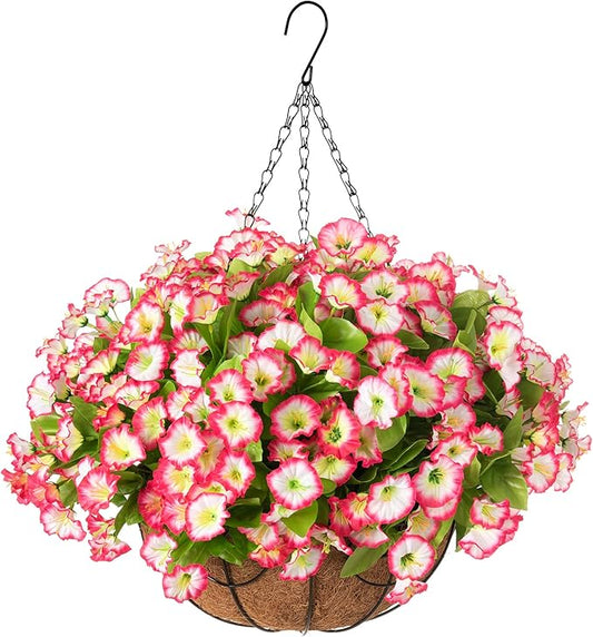 Ammyoo Artificial Hanging Flower Plants with Basket for Outdoor Decoration, Faux Petunias Flowers Fake Morning Glories Planter for Outside Patio Garden Porch Balcony Yard Decor(Pink)