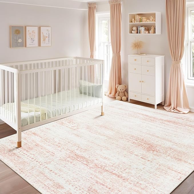 Srugn Washable Rugs 6x9 Area Rugs for Living Room,Bedroom,Dining Room- Ultra Soft Faux Wool Nursery Rug for Baby Girl,Neutral Light Pink Low Pile Vintage Carpets for Dorm Kids Playroom,Non Slip