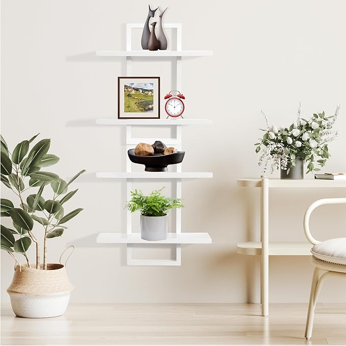PHOENANCEE Floating Shelves for Wall,Display Hanging Shelf Set of 2,Modern Decorative Plants Shelves,Wood Home Decor Storage Chic for Living Room Bedroom Bathroom Office,Oak Frame,2-Tier,White