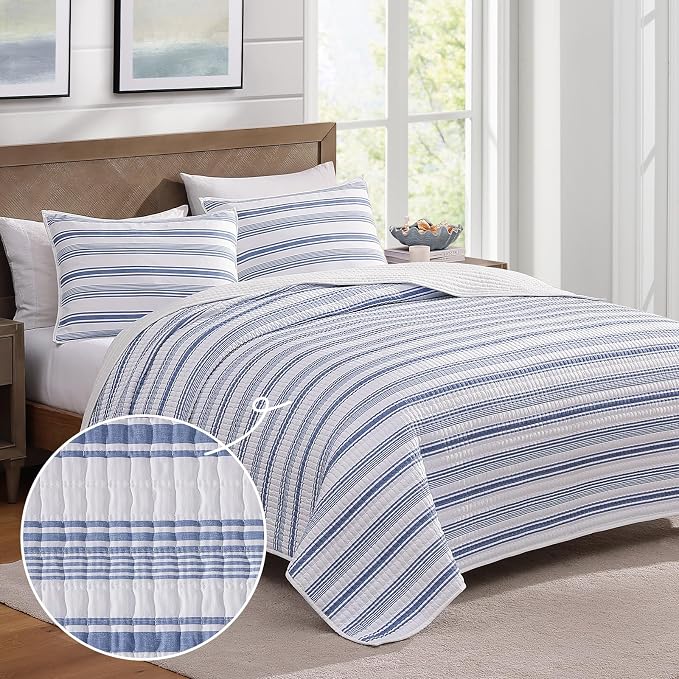 WRENSONGE Striped Queen Quilt-3 Pieces Lightweight Bedspread Blue White Quilt Queen Size Quilt Bedding Set for All Seasons, Soft Summer Reversible Nautical Coverlet with 2 Pillow Shams