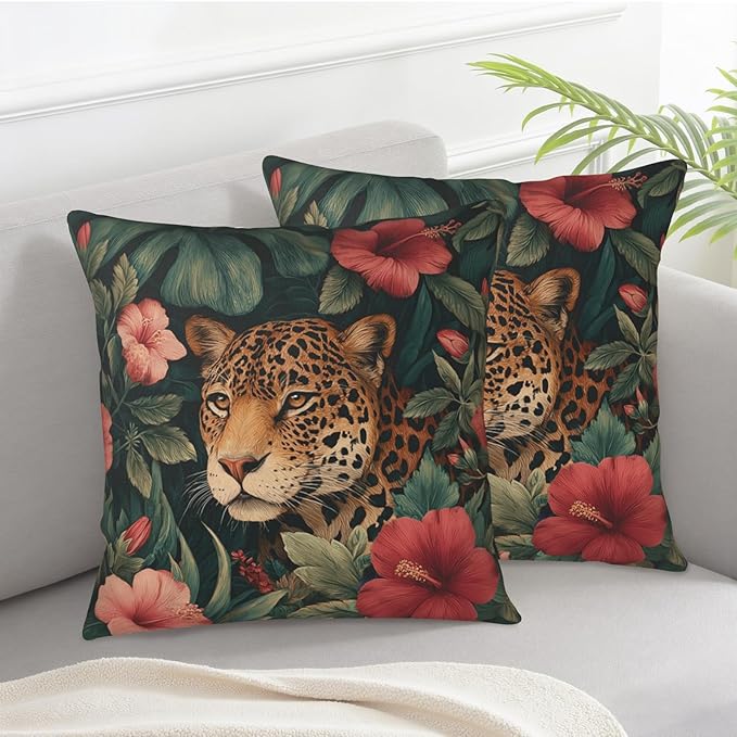 Tropical Leopard Throw Pillow Covers Green Palm Leaves Hibiscus Floral Pillow Covers 16x16 Set of 2 Hawaiian Jungle Cheetah Flower Pillow Cases for Home Farmhouse Sofa Decor