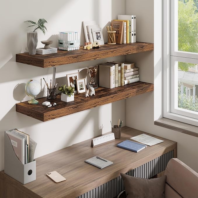 48 Inch Floating Shelves for Wall - 12 Inch Deep Fireplace Mantel Shelf - Wood Floating Shelf for Wall - Large Storage Shelves Wall Mount for Living Room & Bedroom - Rustic Brown - Set of 1