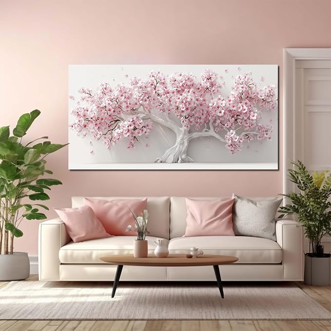 AOZEMI White Wall Art for Living Room Bedroom Home Office Pink Wall Decor Large Tree Pictures Art Flower Artwork Modern Floral Canvas 29"x 59"