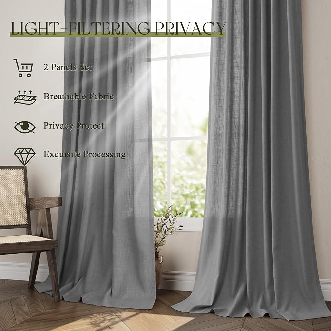 Jowels Dark Grey Linen Curtains 96 Inch Long 2 Panels for Living Room | Light Filtering Semi Sheer Curtain, Back Tab Pocket Pleated Look, Boho Farmhouse Textured Privacy Drapes for Bedroom Window
