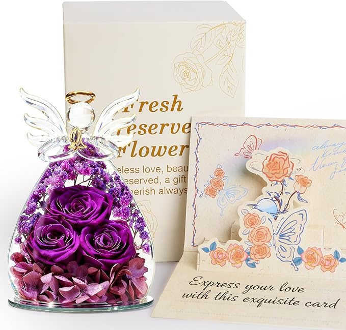 homeasy Roses Gifts for Women Birthday, Preserved Flowers Rose in Glass Angel Figurines, Forever Fresh Flowers for Delivery Gift Box for Wife Mom Her Grandma from Daughter
