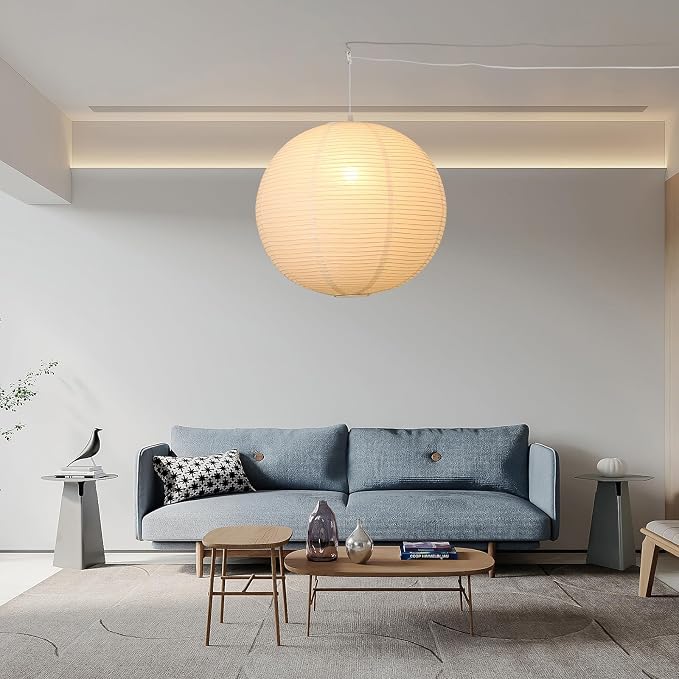 Paper Lantern Lamp Plug in Hanging Lamp 23.6in White Rice Paper Pendant Light with 19.7FT Cord Large Globe Japanese Japandi Wabi Sabi Chandelier for Dining Living Room Bedroom Office 2 Pack