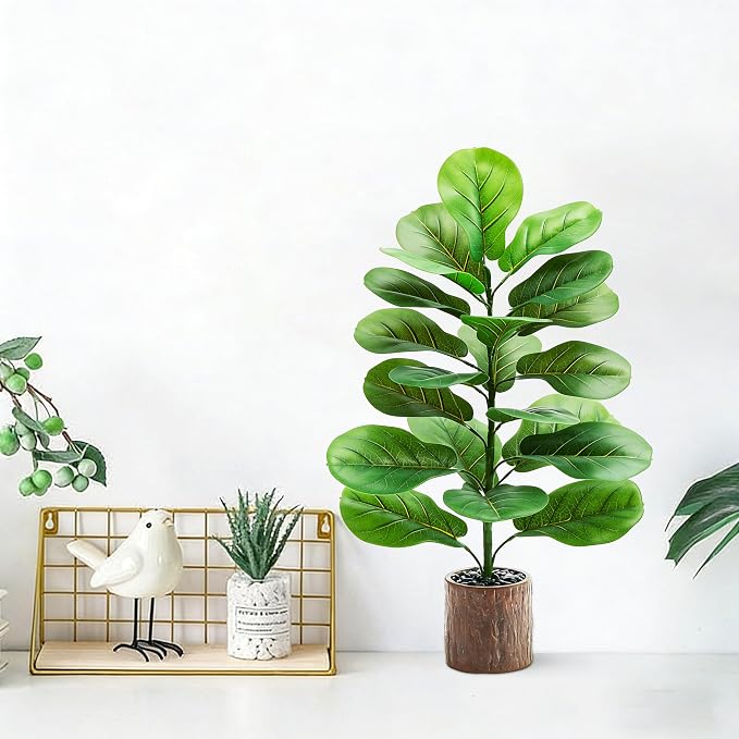 2 Pack Artificial Fiddle Leaf Fig Tree 30in, Large Realistic Faux Ficus Lyrata Plant with Wood-Grain Pot Table Top Faux Plant for Indoor Outdoor Home, Office, Living Room, Bathroom Decor