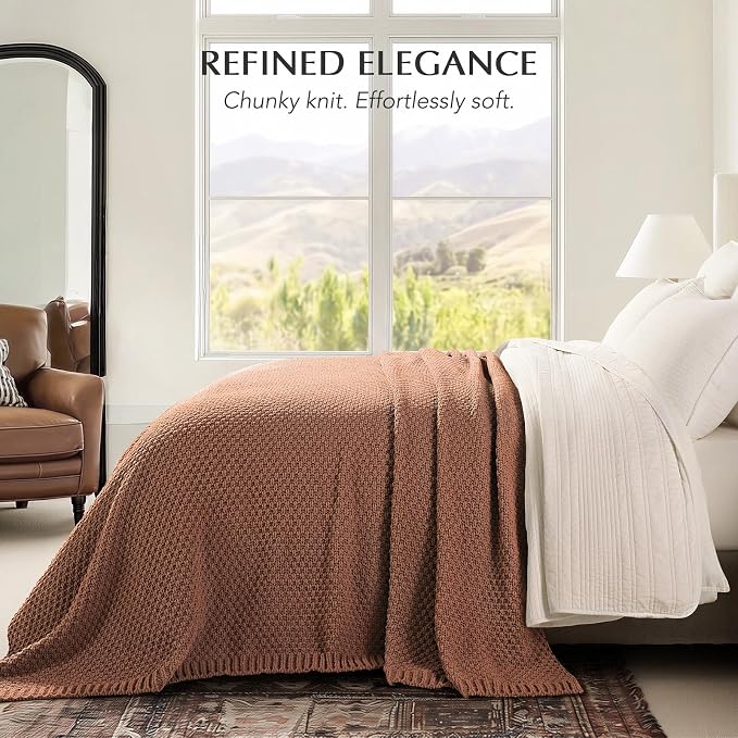 EVERGRACEHOME Chunky Chenille Knit Throw Blanket for Couch, Soft Luxurious Oversized Queen Moss Stitch Blanket for Bed, Cozy Farmhouse Knitted Throw for Sofa, Terracotta Clay, 90" x 90"