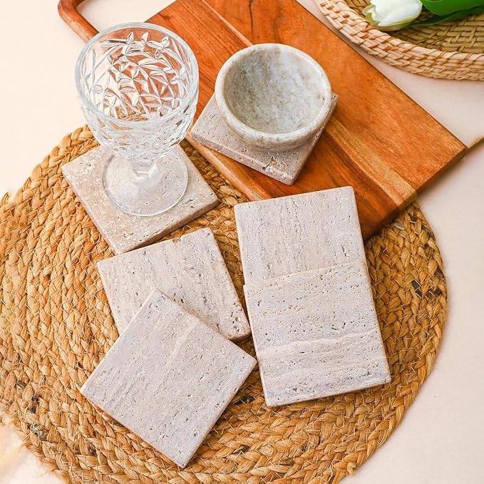 Perilla Home Handcrafted 4-4" Travertine Coaster - Set of 6 Square Coaster for Home, Kitchen or Office, Natural Absorbent Coasters for Hot & Cold Beverages Perfect Table Accessories for Modern Living