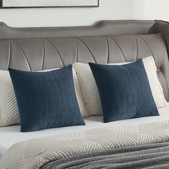 FUTEI Navy Blue Chenille Throw Pillow Covers 26x26 Inch Set of 2,Soft Striped & Diamond Textured Euro Pillow Shams,Modern Home Decor for Couch Living Room