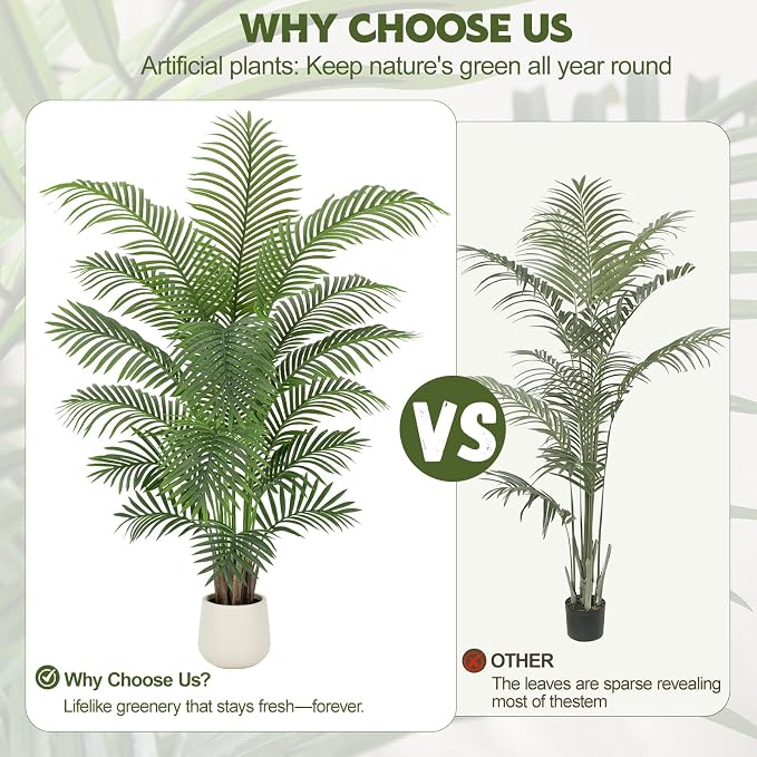 6ft Artificial Palm Tree Tall Faux Palm Tree Indoor Large Fake Plants with 18 Trunks Artificial Plants with White Pot Lifelike Leaves for Home Office Decor Living Rooms Bedrooms