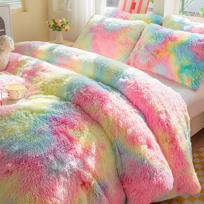 chovy Faux Fur Plush Tie-Dyed Pink Comforter Sets Twin/Full Size - Ultra Soft Shaggy Flannel Velvet Fluffy Fuzzy 3PC Bedding Set （Comforter x 1 Pillowcases x 2）