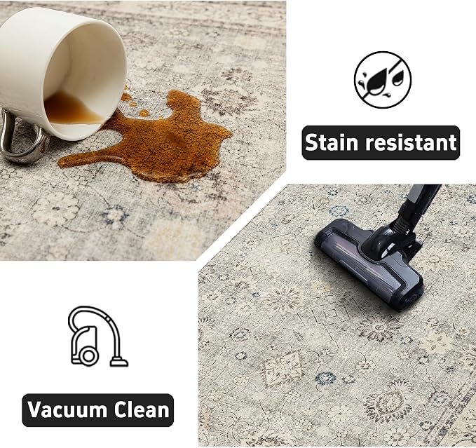 Ruaruarug Washable Area Rug 8x10 for Living Room, Bedroom, Ultra Soft Non Slip Stain & Fade Resistant, Pet & Kids Friendly, Suitable for High Traffic Areas Easy to Clean for Office Kitchen, Gray