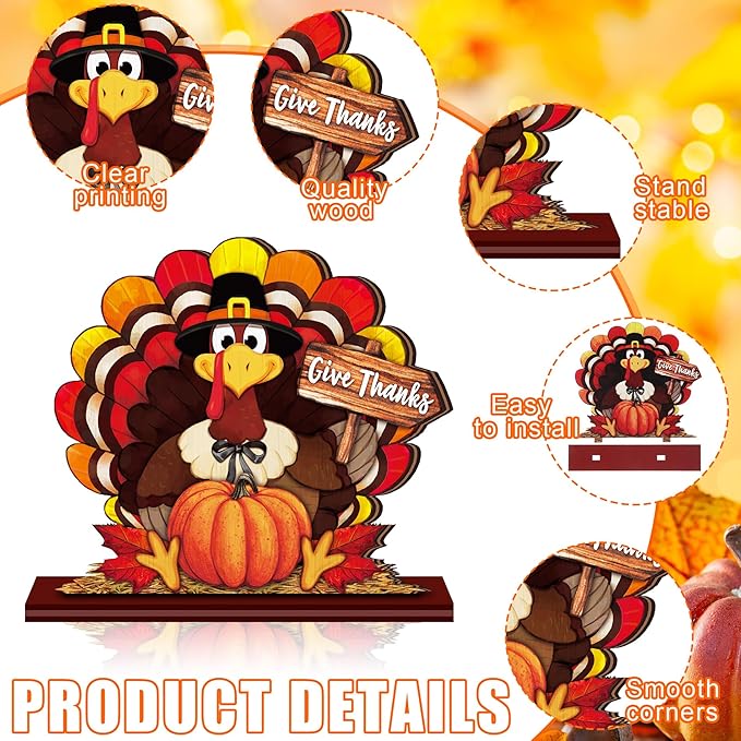 Cinnvoice 6 Pcs Thanksgiving Turkey Table Decorations Wooden Table Centerpieces Rustic Wood Tabletop Sign Decorations for Home Kitchen Office Farmhouse Desk Shelves Party Tiered Tray Decor