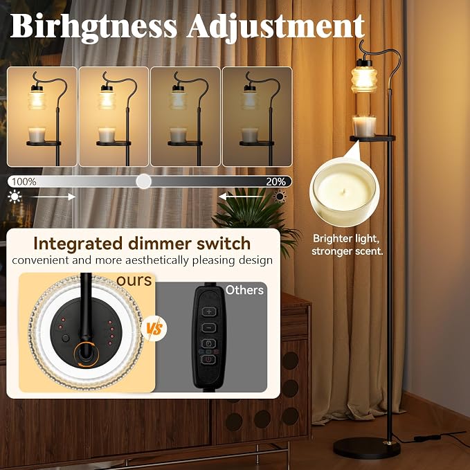 Candle Warmer Floor Lamp with Timer, Dimmable Candle Warmer for Home Decor, Height Adjustable Floor Warmer, Birthday Gifts for Girlfriend Mom Christmas Mother's Day Gfit (Black Top)