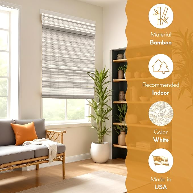 Radiance Cordless Distressed White Brooklyn Flatstick Bamboo Roman Shade - 23 in. W x 64 in. L