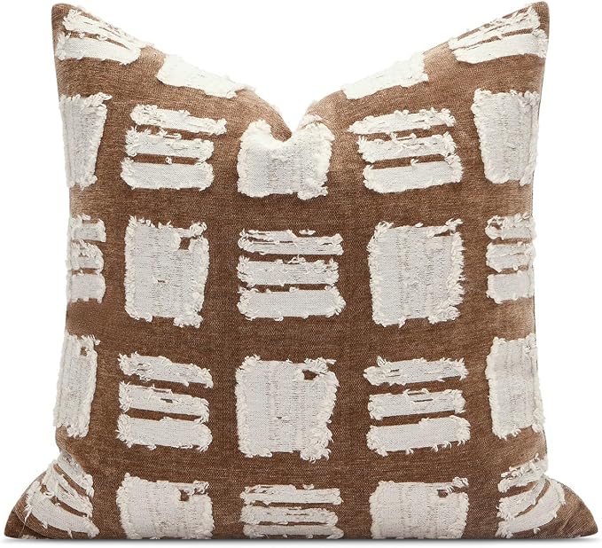 Boho Throw Pillow Covers 20x20, Brown White Abstract Grid Pillowcases, Farmhouse Decorative Pillows Cushion Cases for Sofa Bed Living Room