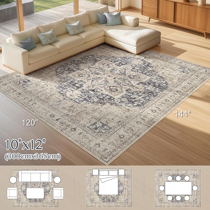 Tortania Area Rug Living Room Rugs - 10x12 Washable Boho Rug Vintage Oriental Distressed Farmhouse Large Thin Indoor Carpet for Living Room Bedroom Under Dining Table Home Office - Cream Blue