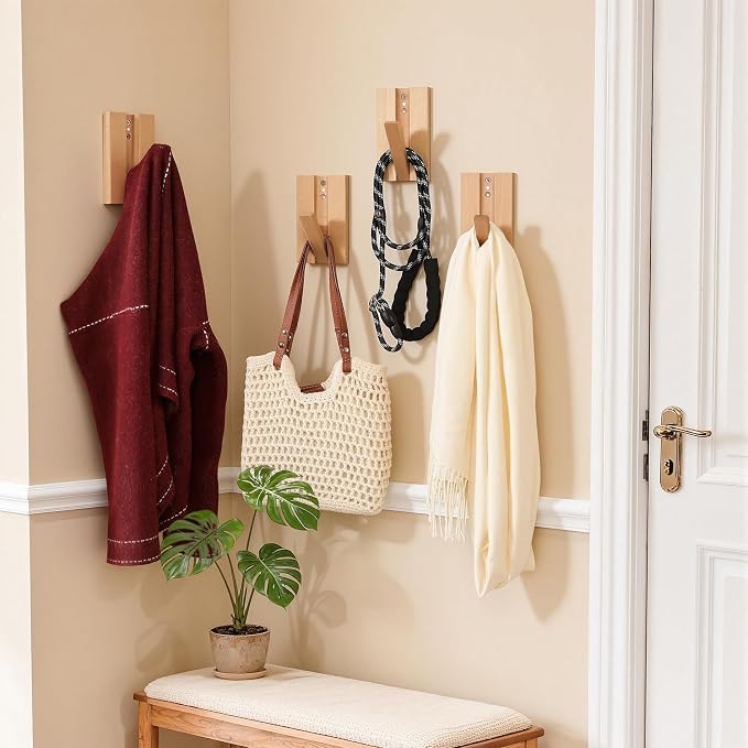 Wall Hooks for Small Space: Foldable Natural Wooden Coat Hooks 4Pack for Limited Spaces Closet Corner Bathroom- Modern Minimalist Decor Hanger for Hanging Towels Backpack Bags Jackets