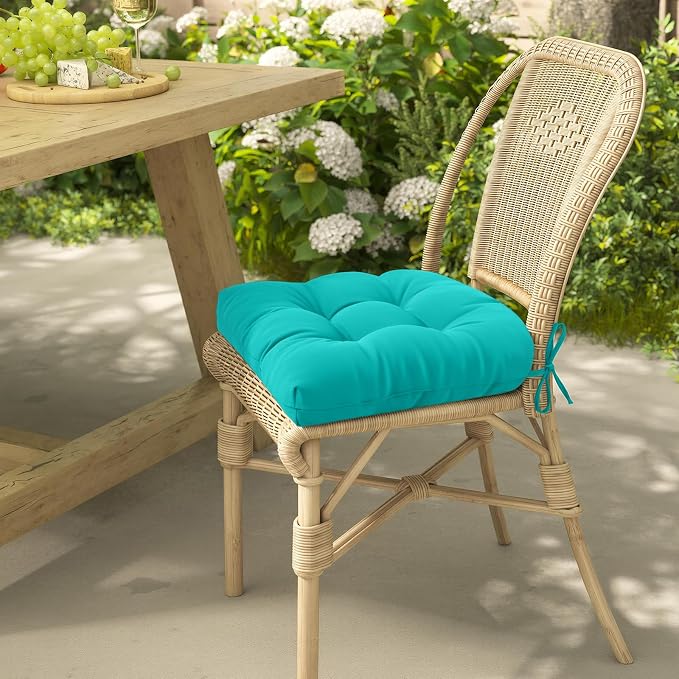 idee-home Outdoor Chair Cushions Set of 2, Patio Seat Cushions | Tufted Thick 19 x 19 x 5 Inch Cushions for Outdoor Furniture Waterproof with Ties, Dining Pads Dark Cerulean