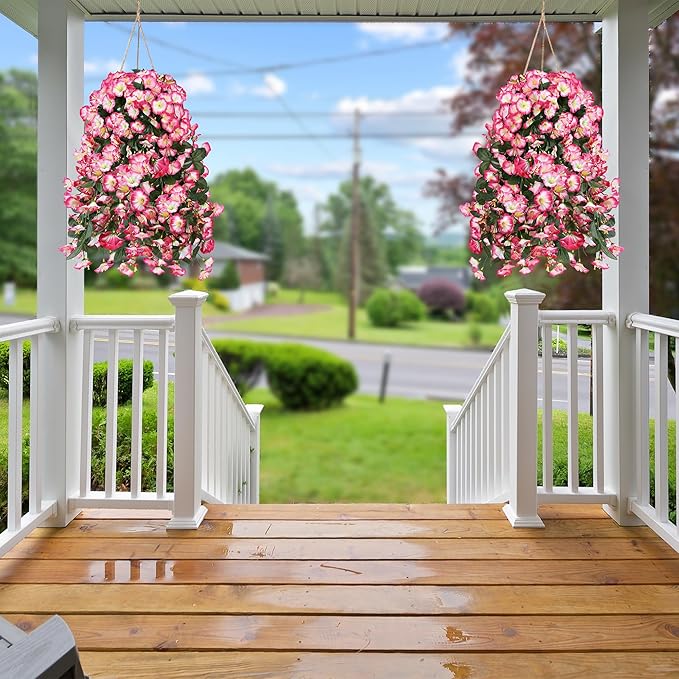 Sggvecsy Artificial Fake Hanging Flowers Plants for Outdoor Outside Spring Summer Decoration 4PCS Faux Silk UV Resistant Realistic Morning Glory Trailing Vines for Home Porch Patio Balcony(Pink)