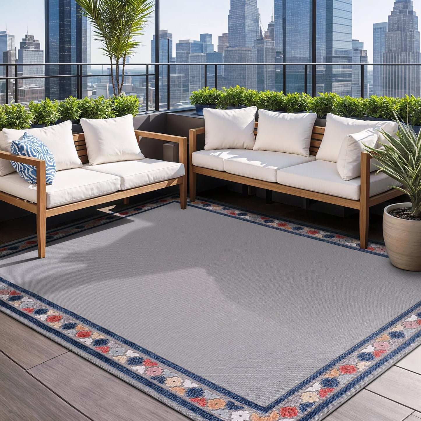 Beverly Rug Outdoor Rug 6x9 Modern Bordered Area Rugs for Indoor and Outdoor Patio Easy to Clean Non Shedding Living Room Porch Garden Washable Outside Carpet (6 x 9 Gray)