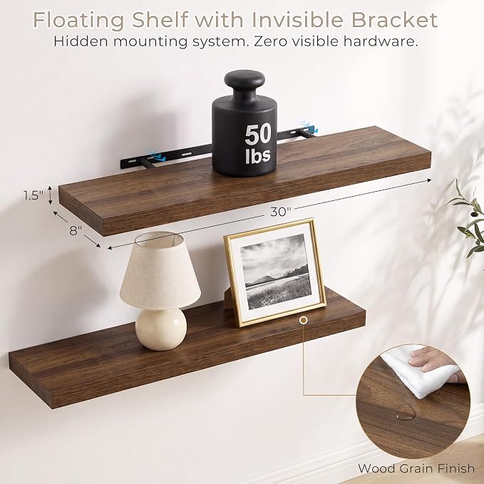 Vivelove Wall Floating Shelves for Display with Invisible Brackets, 30 Inch Floating Shelves for Kitchen Bedroom Bathroom Living Room Kitchen Office, 30”X 8" X 1.4", Set of 2 - Walnut