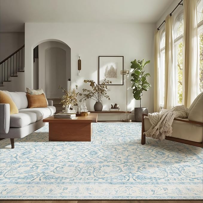 Washable Rugs for Living Room: 9x12 Area Rugs for Bedroom Ultra Soft Non-Slip Low Pile Vintage Boho Large Carpet for High-Traffic Dining Room - Farmhouse Decor
