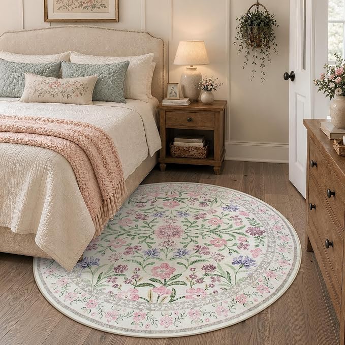 Wonnitar Floral Purple Round Area Rug 5ft, Soft Washable Kids Room Rug, Boho Ultra-Thin Non Slip Circle Carpet for Bedroom Girls Nursery Dorm Living Room Classroom, Light Purple/Pink