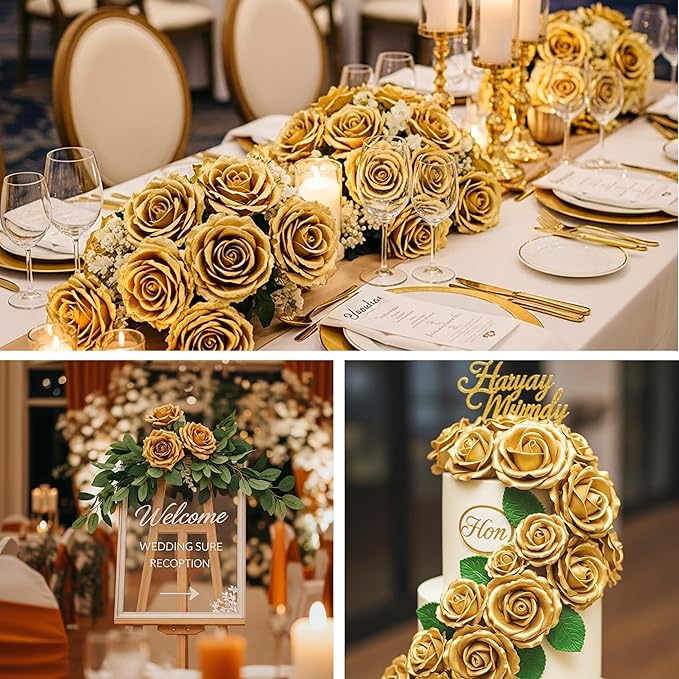 Auihiay 60PCS Gold Rose Artificial Flowers, Faux Silk Roses, Realistic Roses Bouquet for Anniversary, Baby Shower, Birthday, Graduation, Table Centerpieces, New Year's, Valentine's Day Decorations