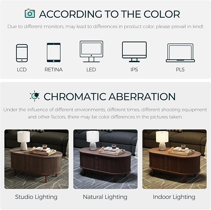 LINSY HOME Oval Coffee Table, Wood Coffee Table with Storage, Fluted Accent Center Table with Sliding Tambour Door, 39" Mid Century Modern Coffee Tables for Living Room, Bedroom, Apartment, Walnut