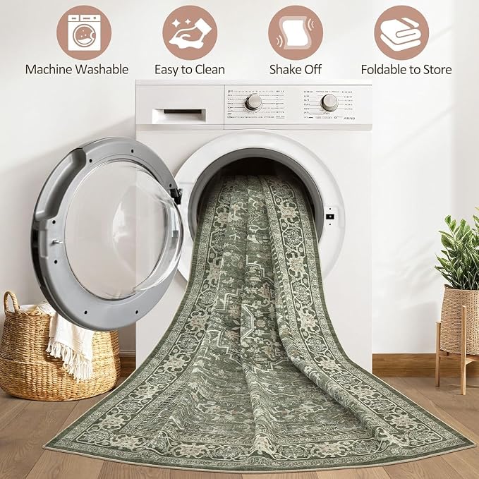 6x9 Area Rug Living Room: Washable Boho Large Neutral Vintage Soft Rug Stain Resistant Farmhouse Non-Slip Indoor Floor Carpet for Bedroom Nursery Kids Playroom Office Dining Room Home- Dark Green