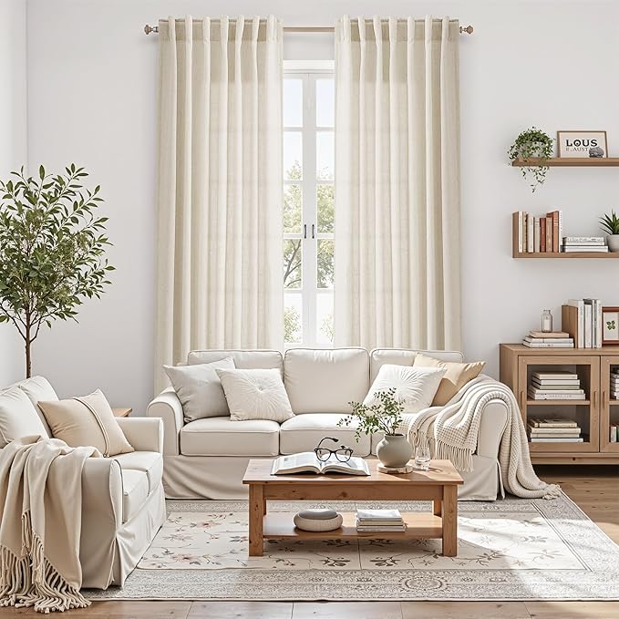 Nanspring 102 Inch Long Curtains for Living Room Birch Beige Linen Light Filtering Semi Sheer Curtain Back Tab Modern Farmhouse Decor Floor to Ceiling Coastal Drapes for Bedroom 52x102, 2 Panels