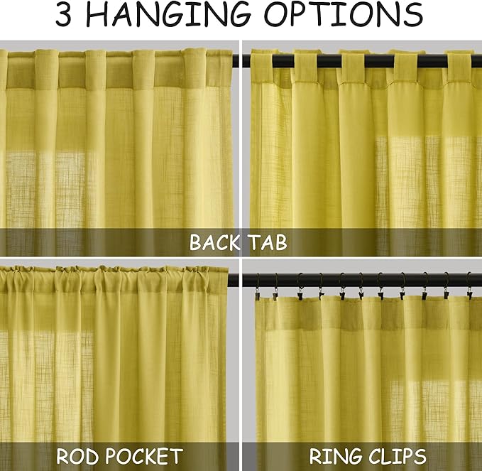 Nanspring Celery Yellow Curtains 120 Inches Long 2 Panels Set Back Tab Loop Pocket Linen Blend Light Filtering Semi Sheer Boho Decor Curtain for High Ceiling Living Room Drapes 52x120