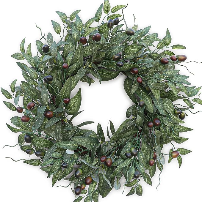 Olive Wreaths 20 Inch Wreath for Front Door with Purely Handmade Realistic Dense Olive Leaf Olive Berry, Elegant Home Decor Wreath Ideal for Front Doors, Hallways, Any Area You Want to Brighten