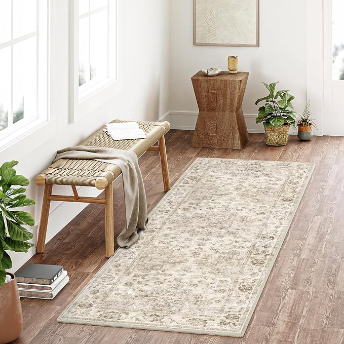 2x6 Washable Neutral Runner Rug Beige Vintage Hallway Kitchen Carpet Non-Slip Soft Low Pile Farmhouse Throw Rug for Bedroom Bathroom Laundry Living Room
