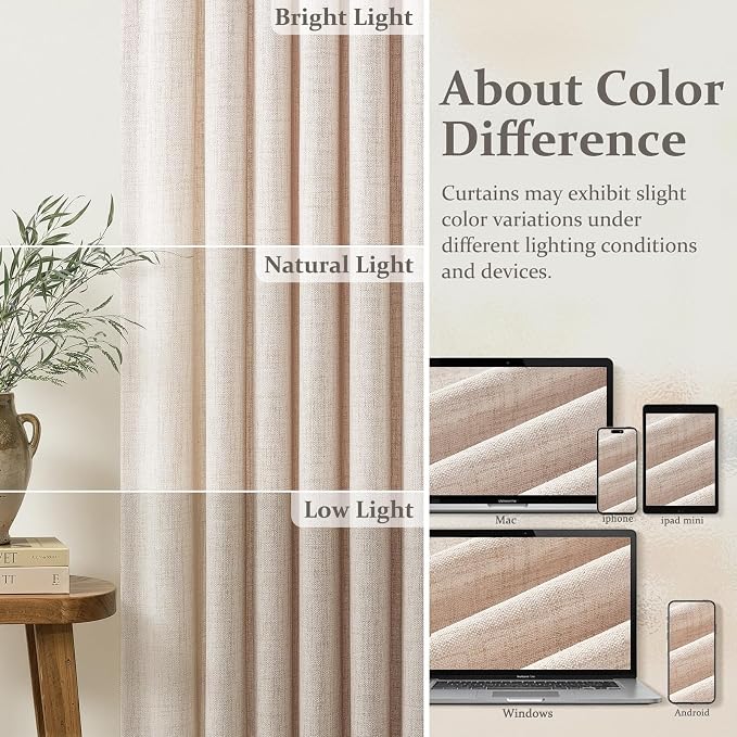 Linen Pinch Pleated Semi Sheer 96 Inch Curtains for Living Room 4 Panels Set, Memory Trained Pleat Light Filtering Privacy Country Viral Curtain 8FT Length Bedroom Heavy Window Drapes with Back Tab