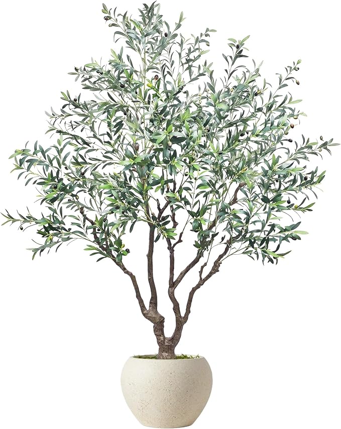 Caxchiling Large Artificial Olive Tree 8FT, Indoor Outdoor Faux Tall Tree | Natural Trunk with Olive Fruits and Buds in White Planter for Home Office Living Room
