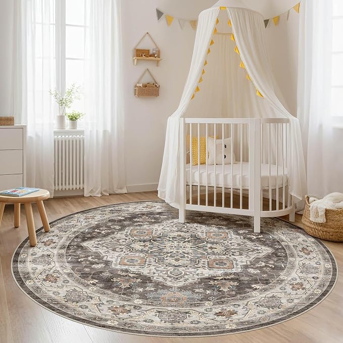 Round Rug Living Room Rugs: 8x8 Washable Boho Neutral Large Circle Soft Indoor Floral Stain Resistant Floor Farmhouse Carpet for Bedroom Nursery Kids Playroom Office Dining Room Dorm- Grey Brown