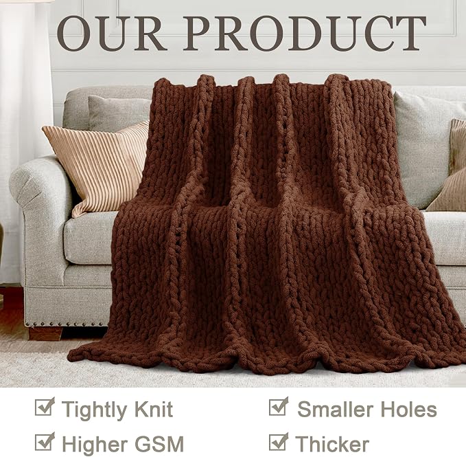 Chunky Knit Throw Blanket 60x80, 100% Handmade Chenille Yarn | 6.7lbs Soft Thick Cable Knitted Blankets, Large Rope Knot Crochet Throws for Couch Sofa Bed Machine Washable, Cocoa Brown