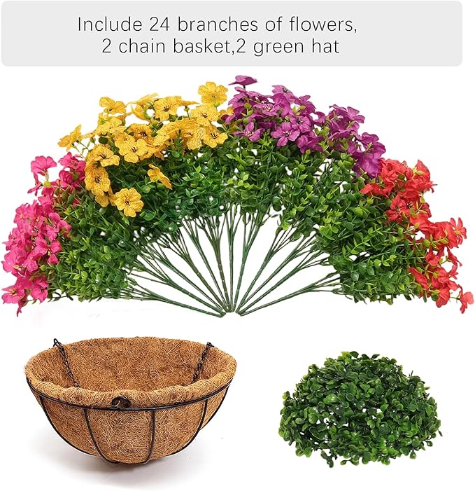 2 Set Artificial Hanging Flowers with Basket for Outdoor Spring Summer Decor - 24 Pcs Realistic UV-Resistant Silk Daisy Hanging Plants for Garden Porch Patio Balcony Yard Home Decoration