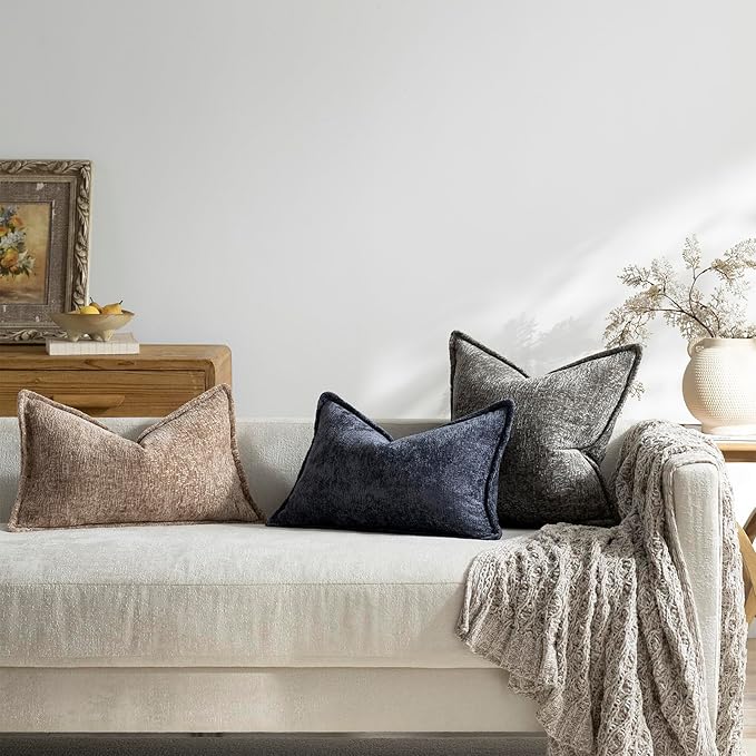 DEZENE Pack of 2 Khaki Decorative Throw Pillow Covers 12x20 Cozy Soft Chenille Accent Vintage Rectangular Lumbar Couch Pillow Covers for Home Decor Bed Sofa Living Room
