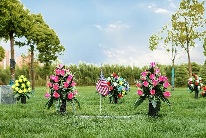 LVXINLI 2 Sets Artificial Cemetery Flowers,Outdoor Grave Decorations Roses,Beautiful Arrangements Bouquet with Cemetery Vase,Lasting and Non-Bleed Colors (Pink)