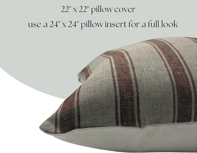 Linen Throw Pillow Covers Stripe Brown Pillow Cover Spring Decorative Pillow Covers for Living Room, Bedroom (Brown Stripes, 22" L x 22" W)