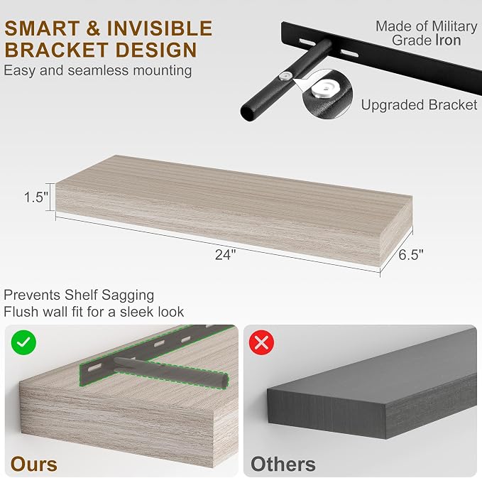 Fun Memories Floating Shelves for Wall, 24 Inch Floating Shelves Set of 2, Hanging Shelf with Invisible Brackets, Wood Shelves for Living Room, Bedroom, Kitchen, Grey